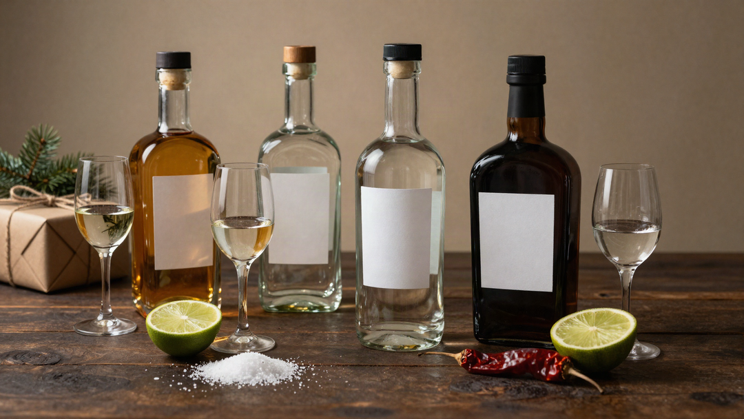Unlabeled tequila bottles, tulip glasses, lime, salt and a dried chili on a dark wood table beside a wrapped gift and a fir sprig