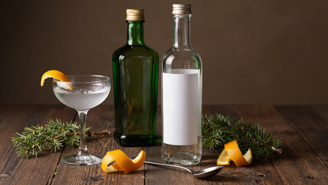 An unlabeled vodka bottle and a green gin bottle beside a martini coupe, orange peel and juniper sprigs on dark wood