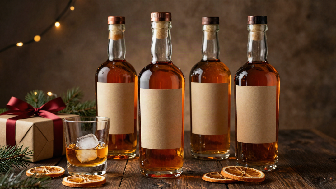 Four bourbon bottles, a rocks glass with a large ice cube, a wrapped gift and dried orange slices on a dark oak table