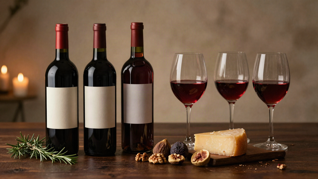 Unlabeled red wine bottles, a tawny port bottle and glasses of red wine with aged cheese, figs and walnuts on dark wood