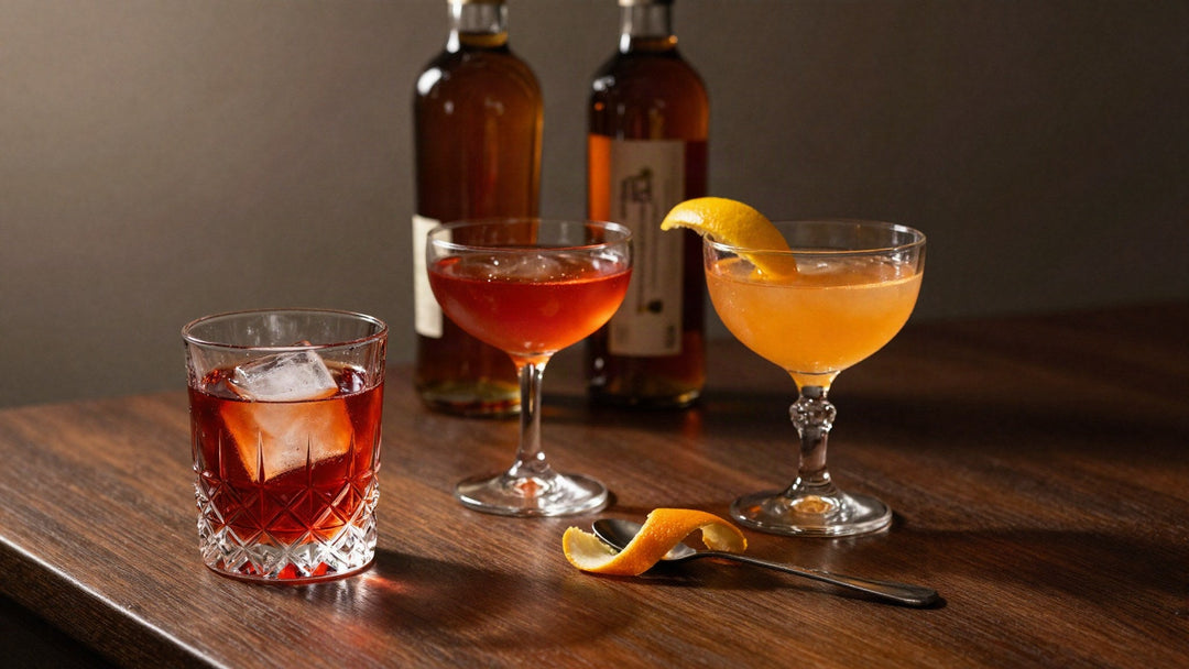 Three amaro cocktails on a dark walnut bar: a ruby Negroni over a large ice cube, an amber-red Boulevardier and an orange Paper Plane in coupe glasses
