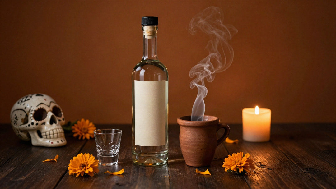 Clear tequila bottle with a blank label beside a clay cup, marigold petals and a candle on dark wood