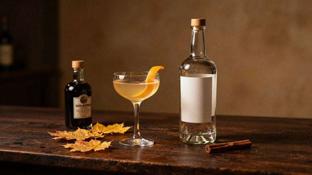 Coupe of golden gin cocktail with orange peel beside a gin bottle and autumn leaves on dark wood