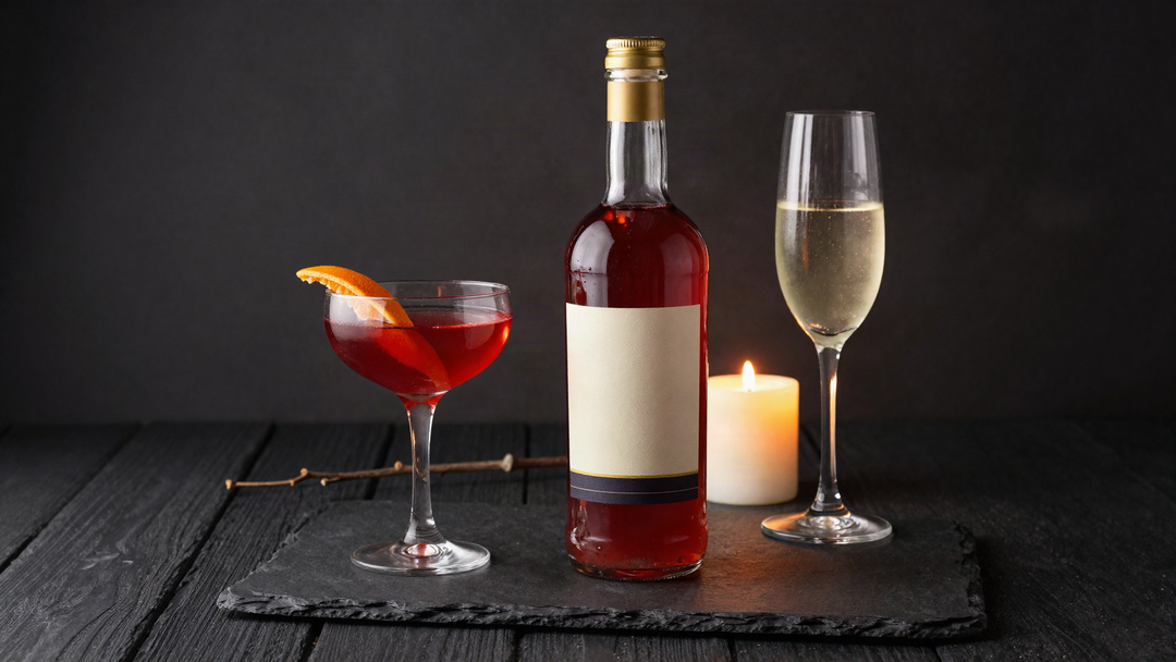 Red aperitivo bottle, blood-red cocktail and sparkling wine glass by candlelight on dark slate