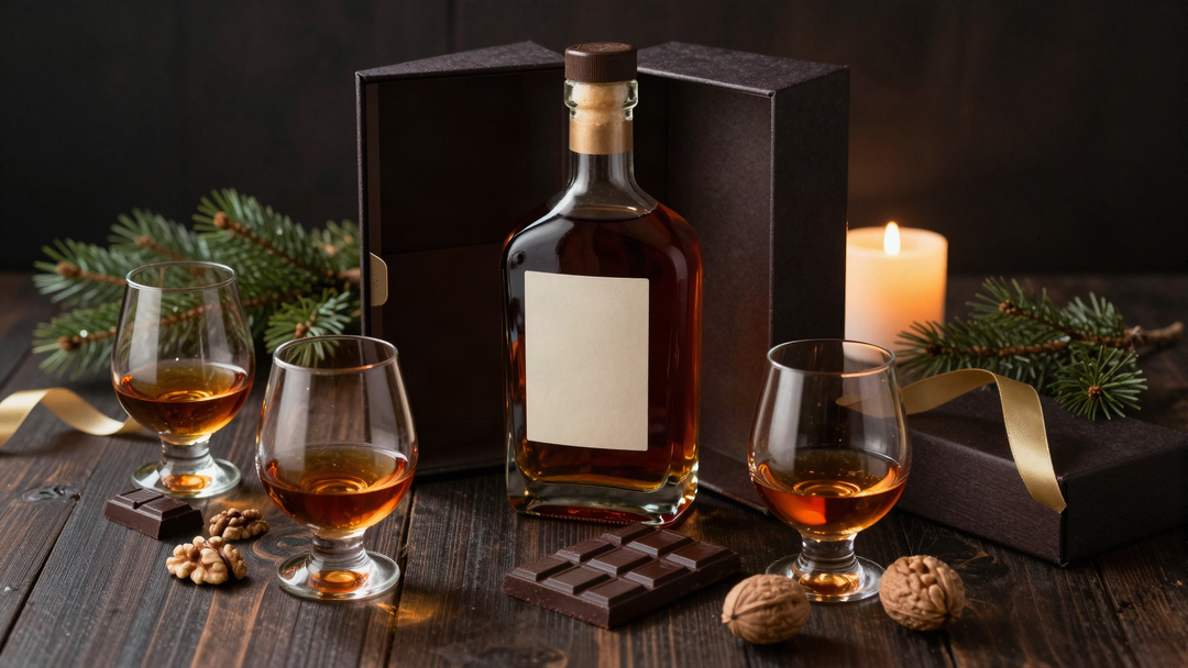 A cognac bottle in an open dark gift box with two glasses of cognac, dark chocolate, walnuts and pine on a dark wood table