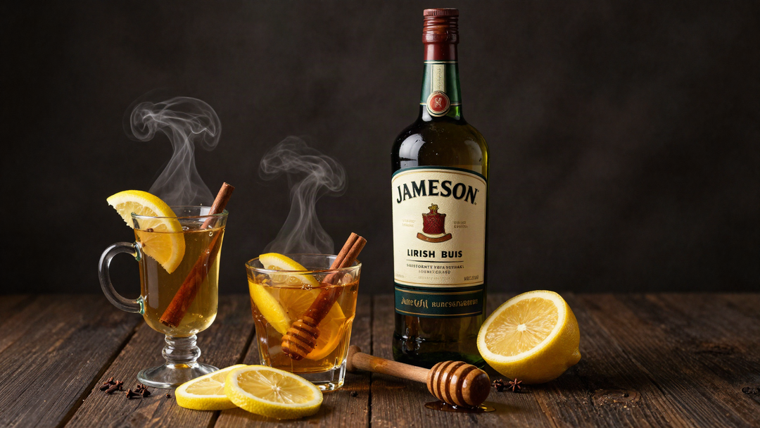 A bottle of Jameson Irish Whiskey beside a steaming hot toddy mug with lemon, cinnamon and honey on dark wood