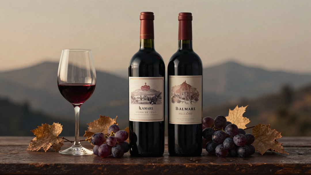 Bottles of Catena Malbec and Bramare Malbec Lujan de Cuyo on a dark wood bar with a glass of deep purple red Malbec wine, warm side lighting, moody editorial still life