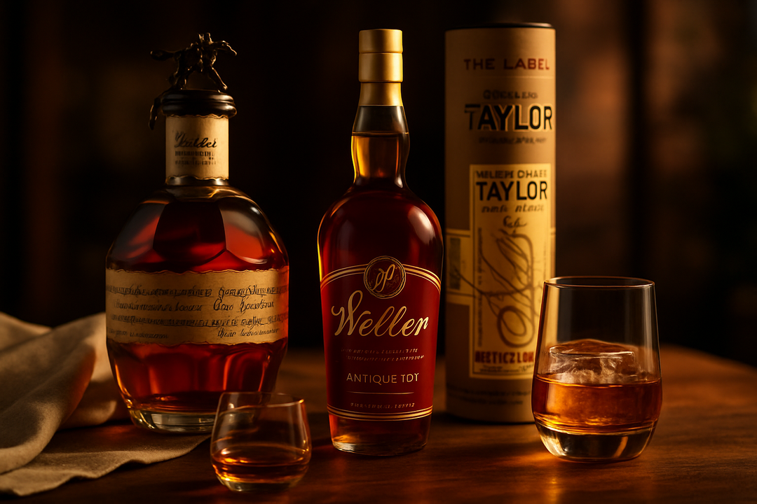 Editorial photograph featuring Blantons, Weller Antique 107, and Colonel E.H. Taylor on dark walnut with Glencairn glass — Memorial Day 2026 Premium Bourbon Gift Guide hero