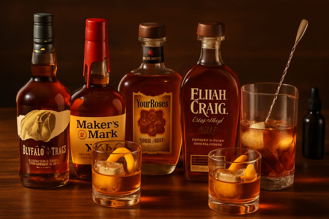 Editorial cocktail photograph featuring Buffalo Trace, Maker's Mark 46, Four Roses Small Batch, and Elijah Craig 12 with two finished Old Fashioneds, mixing glass, and orange peels — Memorial Day 2026 Old Fashioned Batch Guide hero