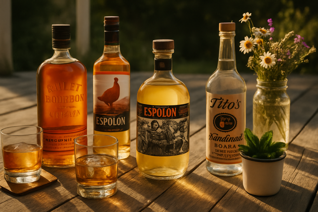 Editorial photograph featuring Bulleit Bourbon, Famous Grouse Scotch, Espolon Reposado Tequila, and Tito's Vodka on weathered porch boards with two rocks pours and wildflowers in a mason jar — Memorial Day 2026 Porch Pour Guide hero