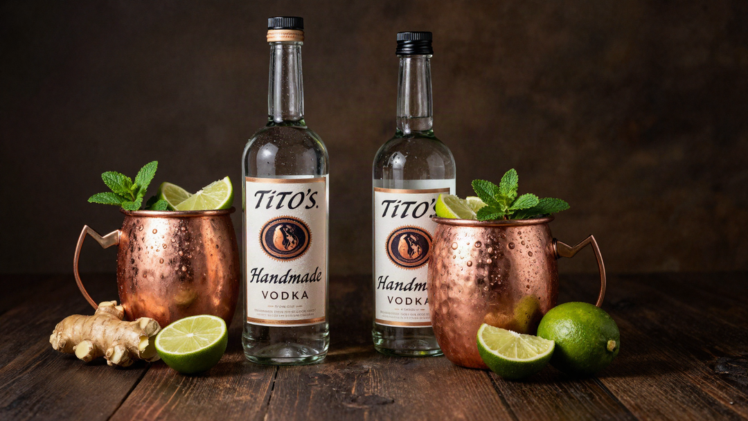 A bottle of Tito's vodka beside two copper Moscow Mule mugs with lime and mint on dark wood
