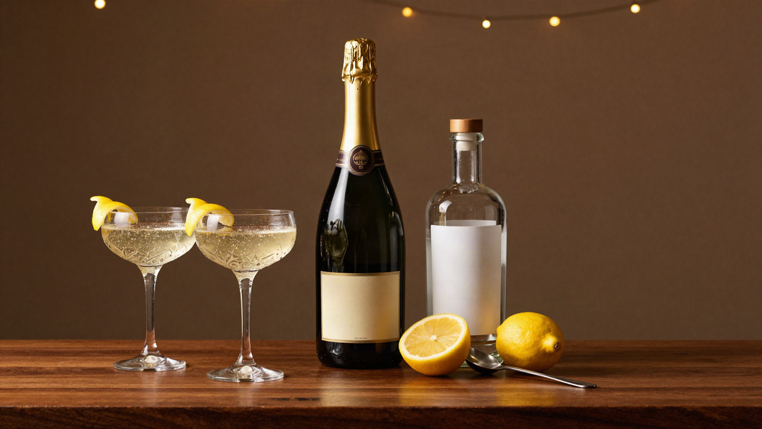 Two French 75 cocktails in coupes beside a sparkling wine bottle and a gin bottle on a dark wood bar