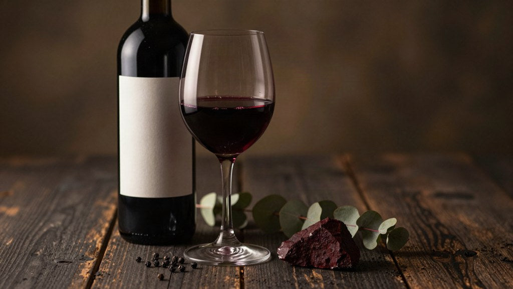 A dark bottle of Australian Shiraz with a blank label beside a glass of deep purple-black wine, black peppercorns, eucalyptus leaves and red ironstone on weathered timber