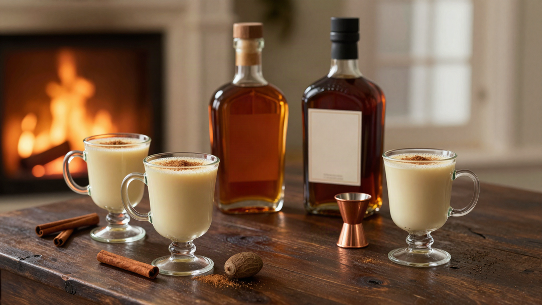 Mugs of spiked eggnog with nutmeg beside bourbon and dark rum bottles by a fireplace