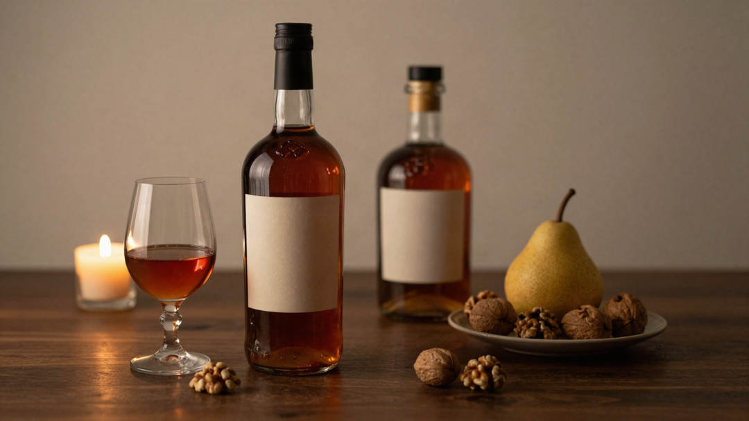 A bottle of tawny port and a bottle of amaro with blank labels beside a glass of port, a pear, walnuts and a lit candle on a dark wood table