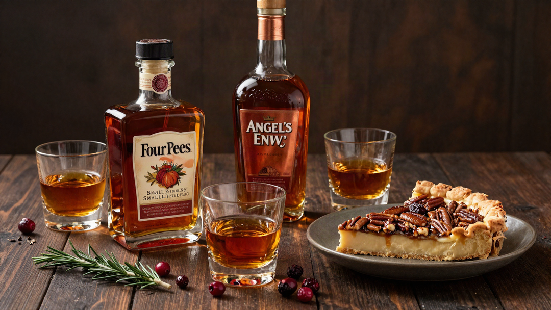 Four Roses Small Batch and Angel's Envy bourbon bottles with rocks glasses, pecan pie and cranberries on a dark wood Thanksgiving table