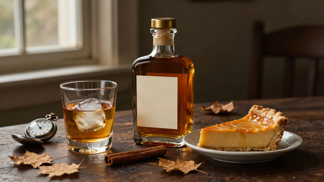 A bottle of bourbon with a blank label beside a rocks glass with one large ice cube, a slice of pumpkin pie, cinnamon and a pocket watch on a dark wood table