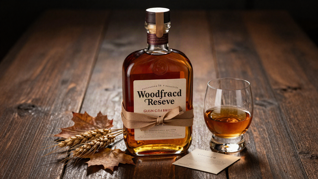 A Woodford Reserve bourbon bottle wrapped as a Thanksgiving host gift beside a Glencairn glass on dark oak