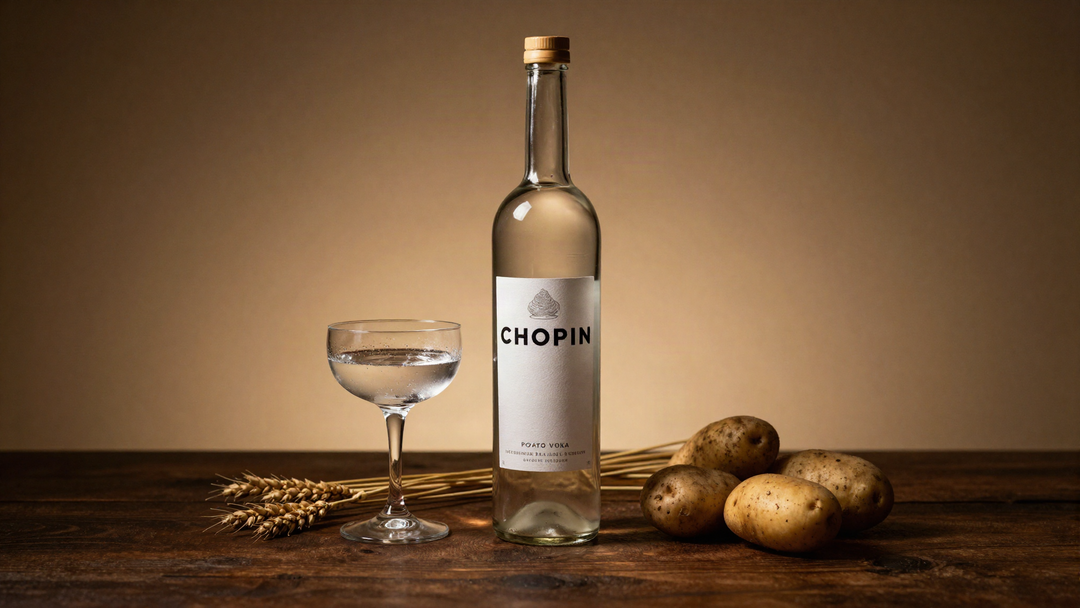 A bottle of Chopin Potato Vodka beside a coupe glass, potatoes and wheat stalks on a dark wood table