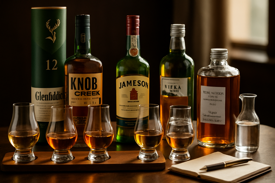 Editorial photograph featuring a 4-glass whisky tasting flight with Glenfiddich 12, Knob Creek 9, Jameson, and Nikka From the Barrel bottles plus tasting notebook and water pipette — How to Host a Whisky Tasting Flight at Home hero