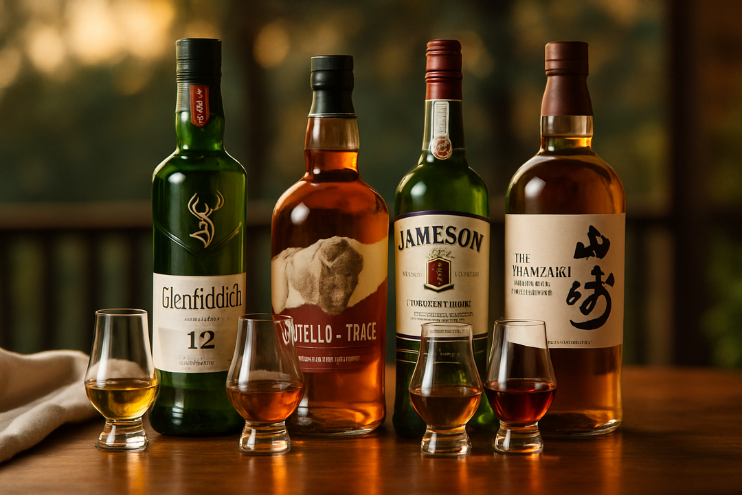 Editorial photograph featuring Glenfiddich 12, Buffalo Trace, Jameson Irish Whiskey, and Yamazaki Distiller's Reserve with a flight of four Glencairn nosing glasses on dark walnut — World Whisky Day 2026 Last-Minute Order Guide hero