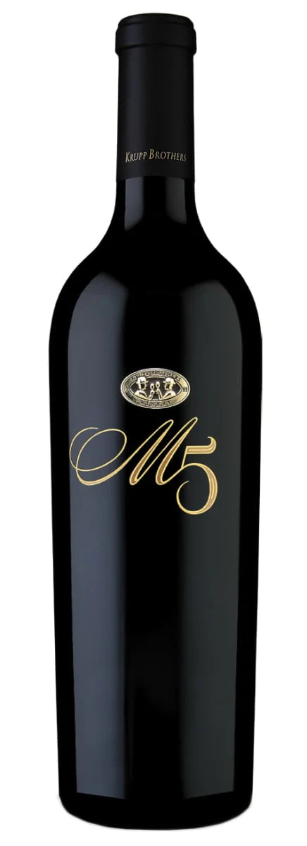Black wine bottle with gold 'M5' logo on a white background