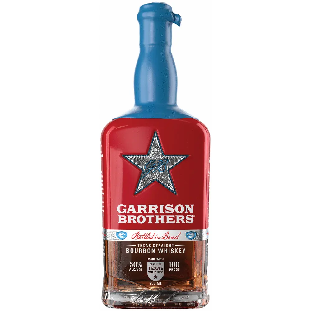 Bottle of Garrison Brothers bourbon whiskey with a red label and blue cap on a white background