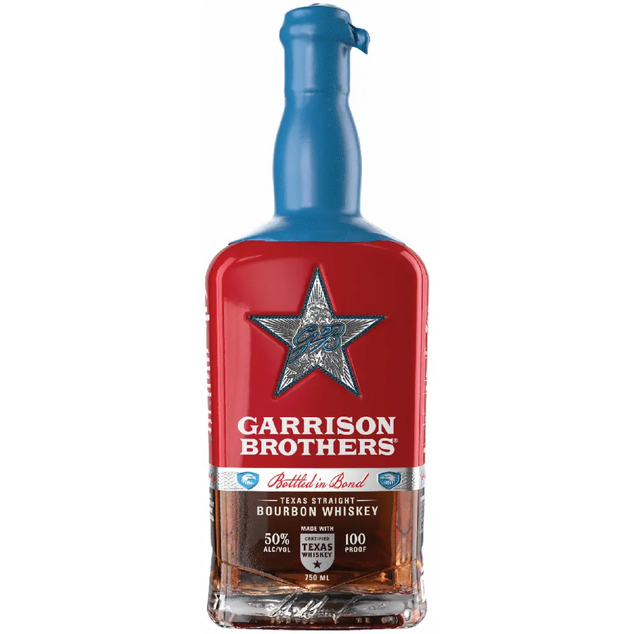 Bottle of Garrison Brothers bourbon whiskey with a red label and blue cap on a white background