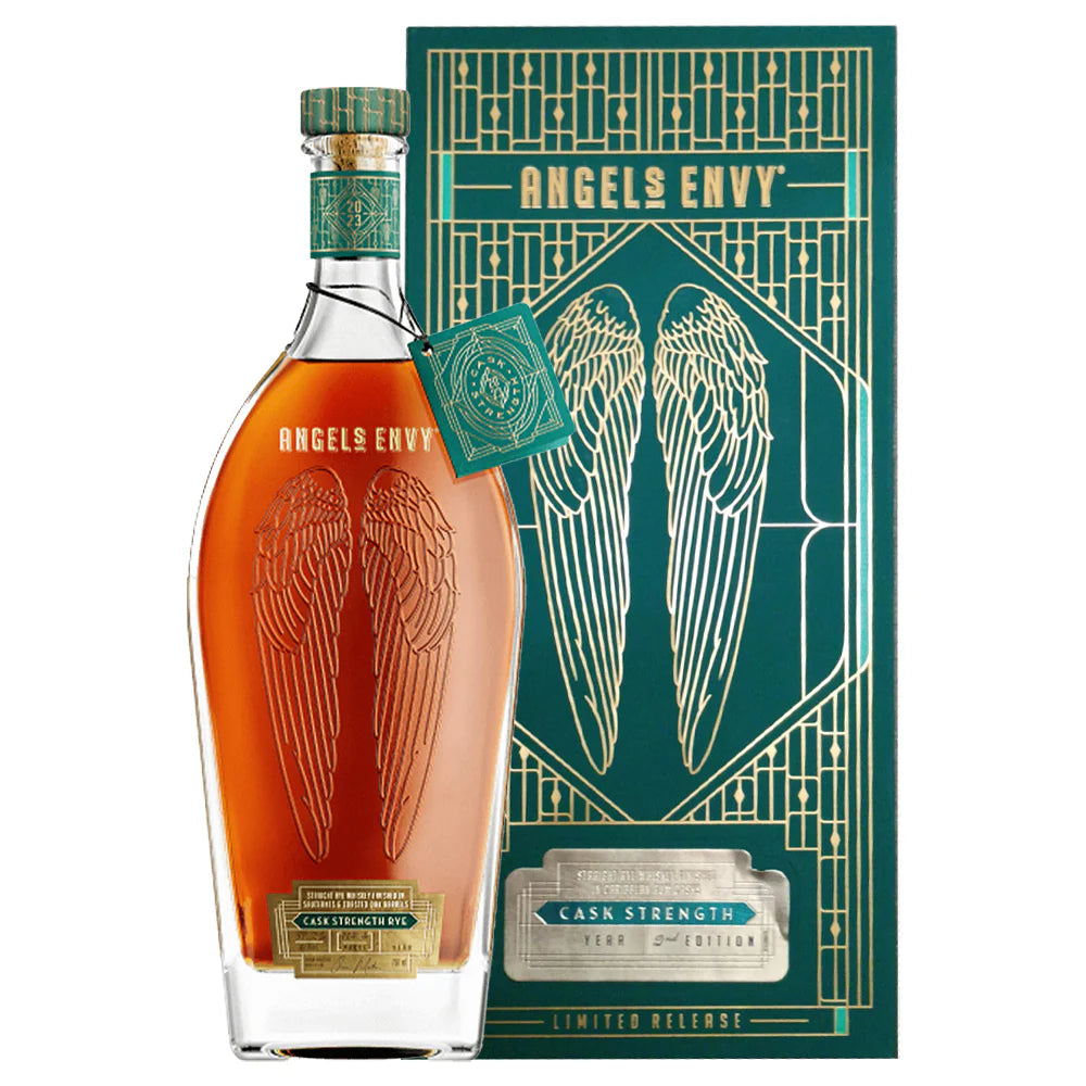 Angels Envy rye bottle and packaging on a white background
