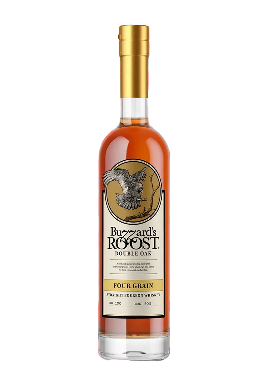 Bottle of Buzzard's Roost Four Grain Straight Bourbon Whiskey against a colorful striped background