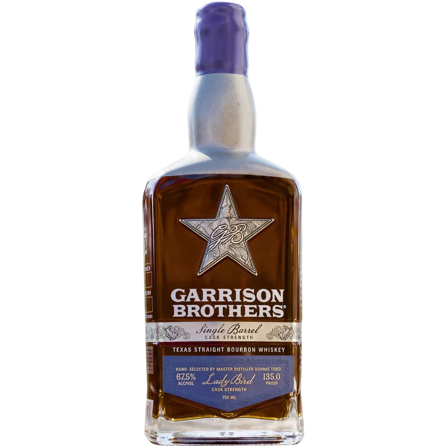 Bottle of Garrison Brothers bourbon whiskey with a star logo on a white background
