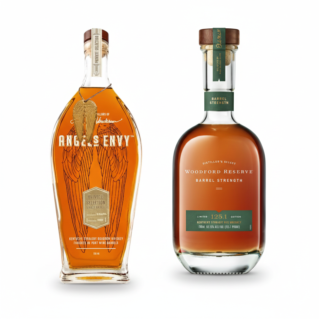 Woodford Reserve Barrel Strength Rye Whiskey & Angel's Envy Private Selection Single Barrel Bourbon Bundle