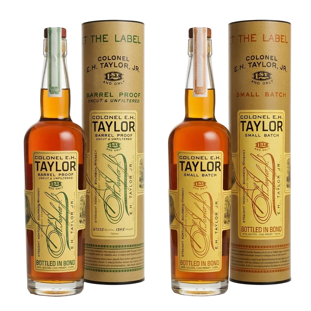 Two bottles of Colonel E.H. Taylor whiskey with their packaging on a white background