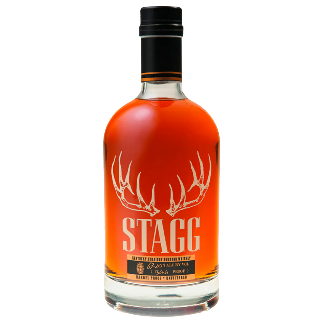 Bottle of Stagg Jr. bourbon whiskey on a white background