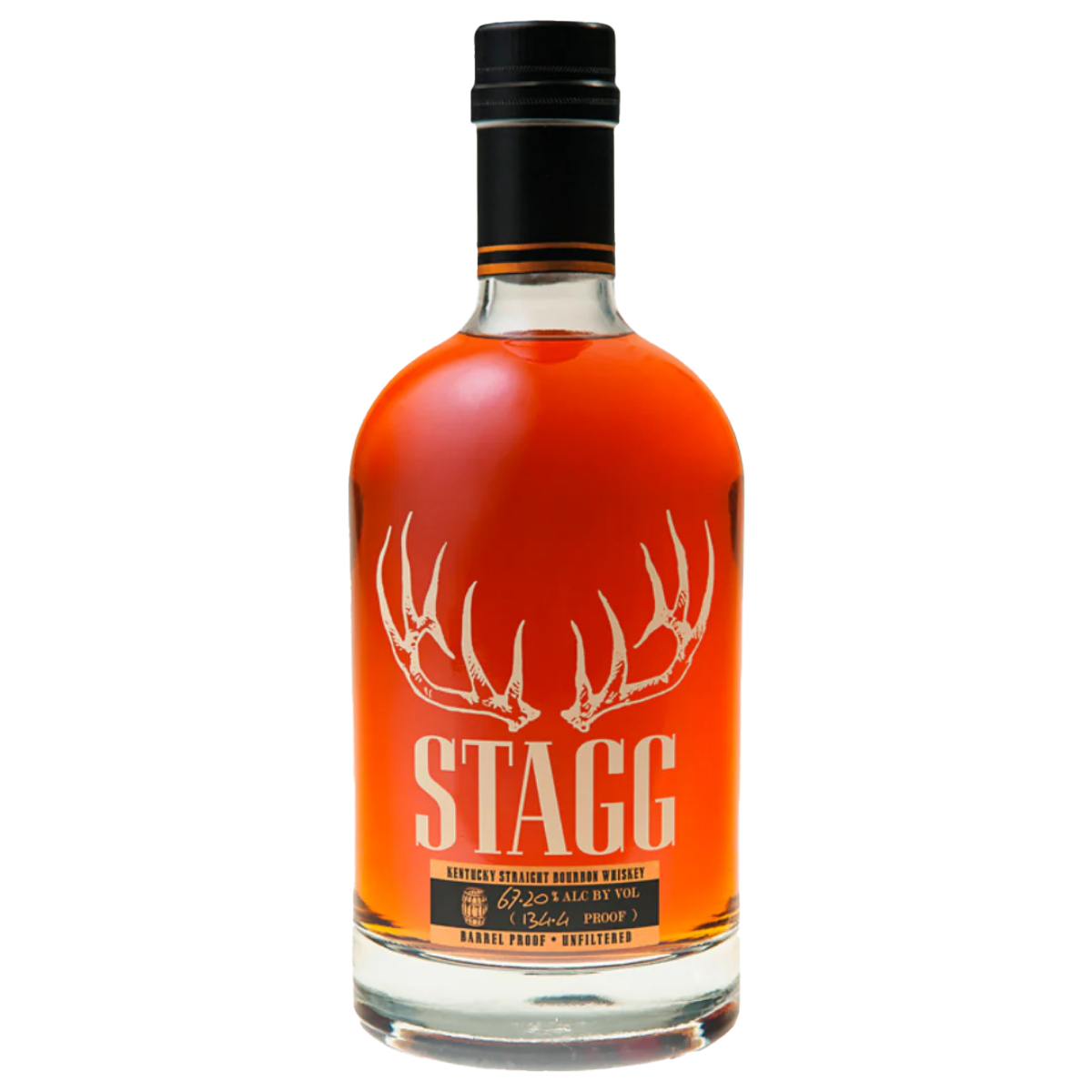 Bottle of Stagg Jr. bourbon whiskey on a white background