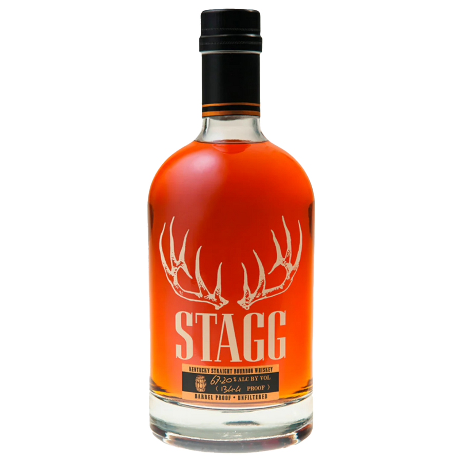 Bottle of Stagg Jr. bourbon whiskey on a white background
