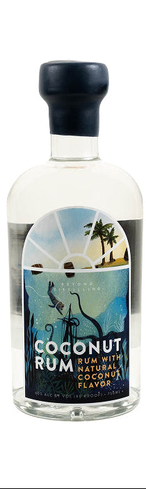 Bottle of coconut rum with a label and two awards on a white background