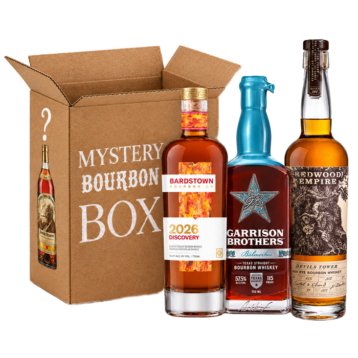 The Bourbon Mystery Box with three craft bourbon bottles
