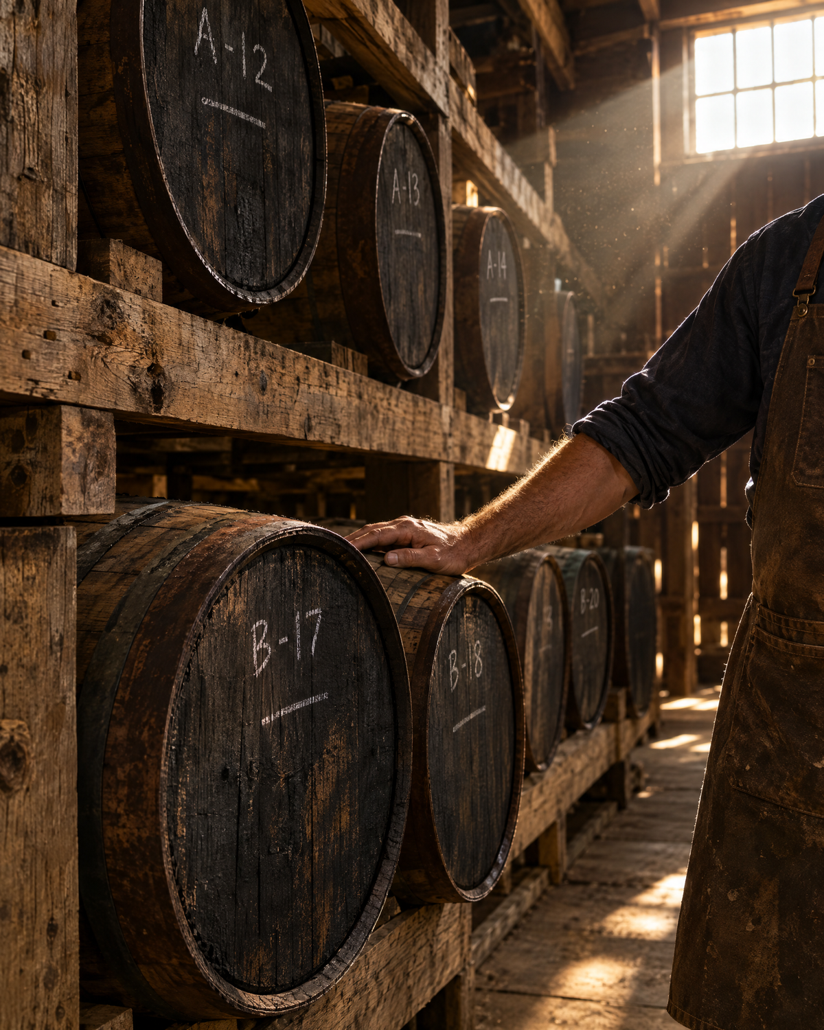 Barrels in a small distillery rickhouse