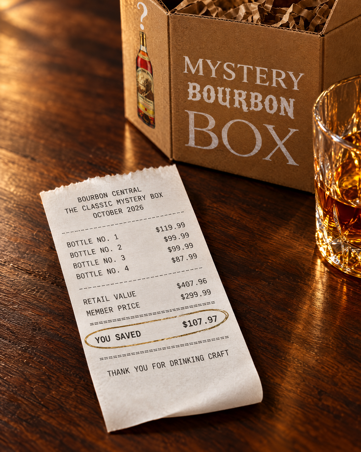 Receipt for October's Classic Mystery Box: four bottles worth $407.96 at retail, member price $299.99, you saved $107.97