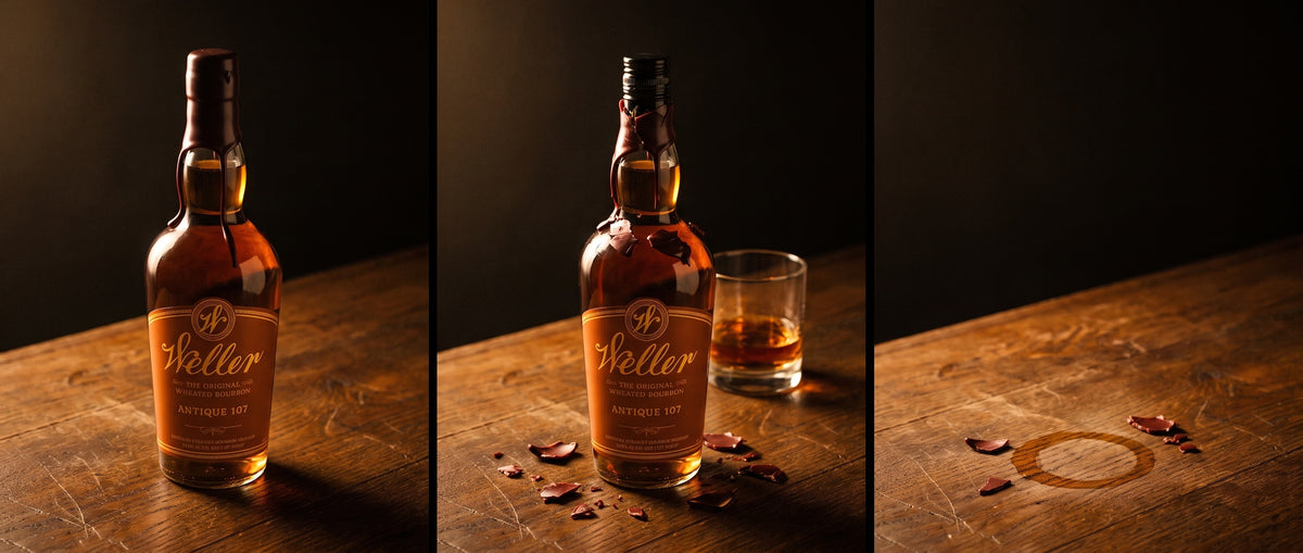 Three stages of a drop: the bottle sealed in wax, the seal cracked open at noon, and the empty ring where it stood