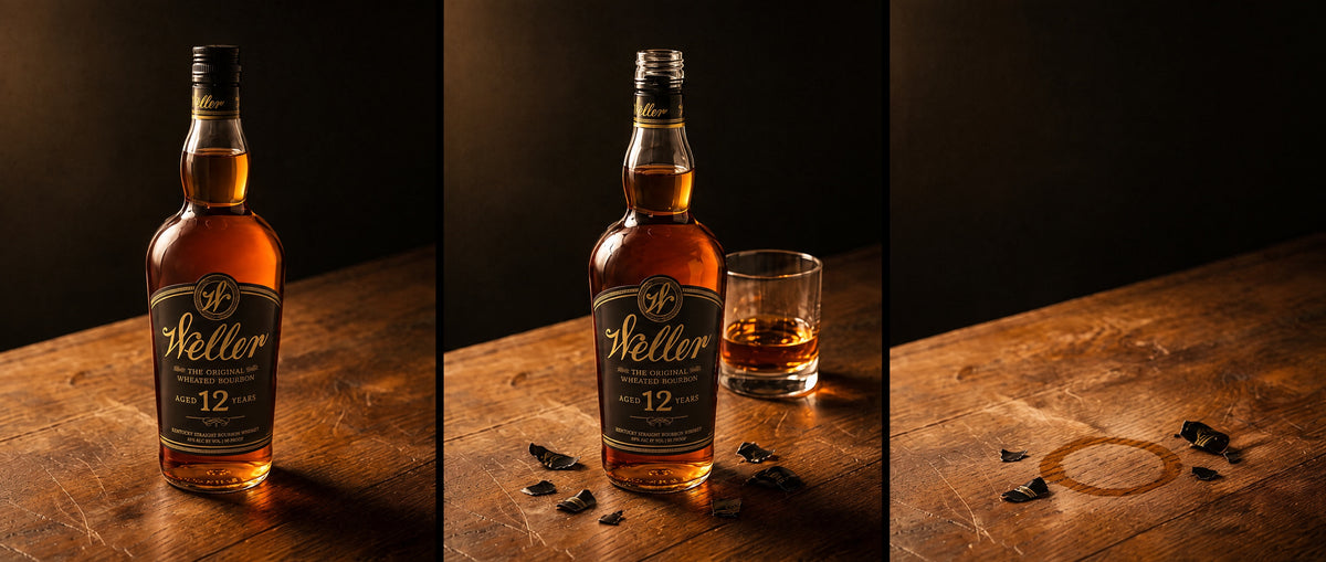 Three stages of a drop: the bottle sealed in wax, the seal cracked open at noon, and the empty ring where it stood