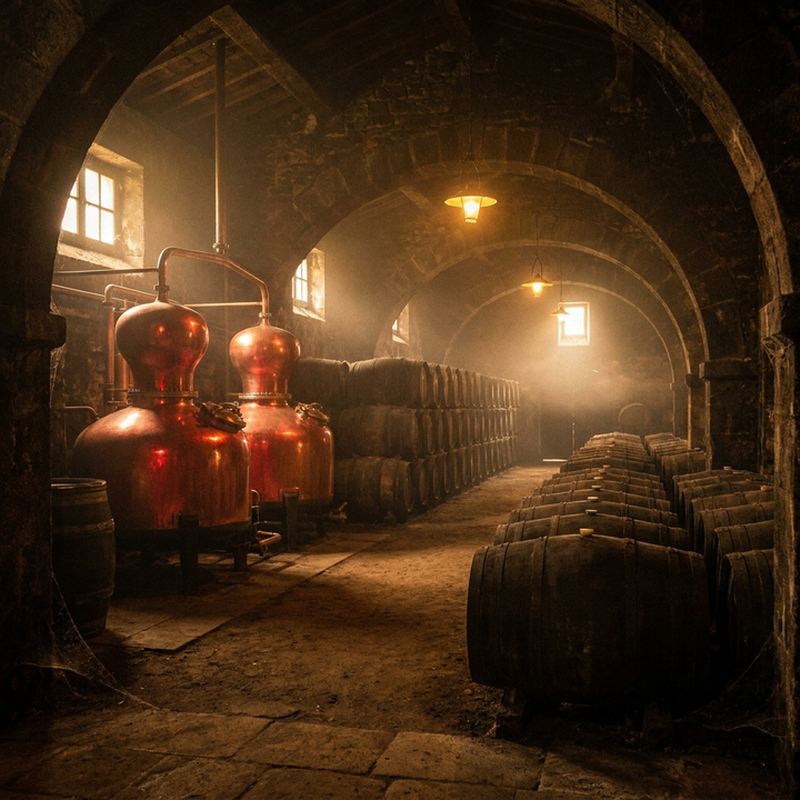 French cognac cellar with copper pot stills