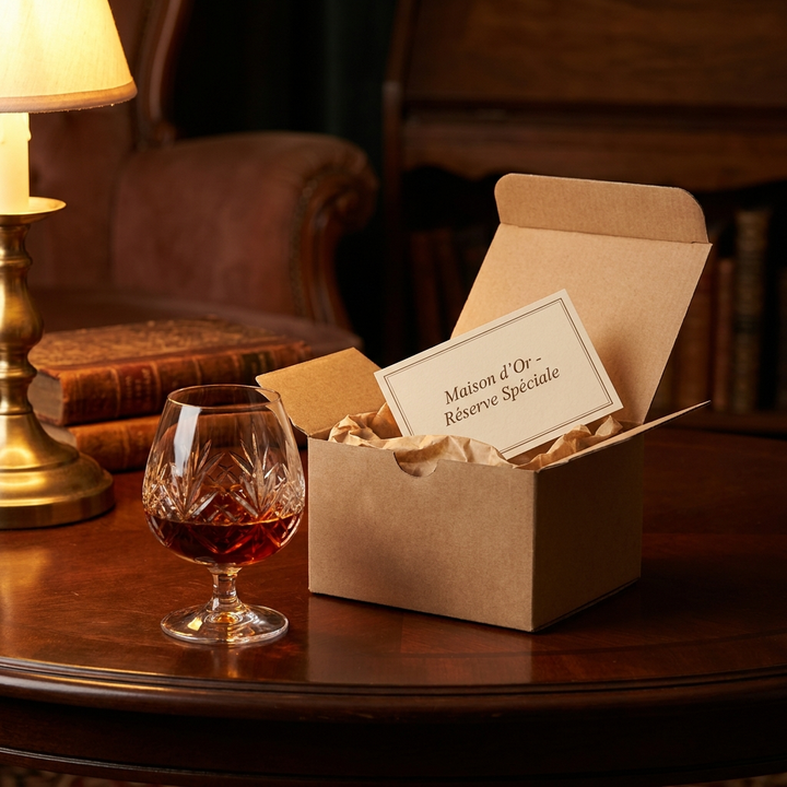 Snifter of cognac with mystery box and tasting card