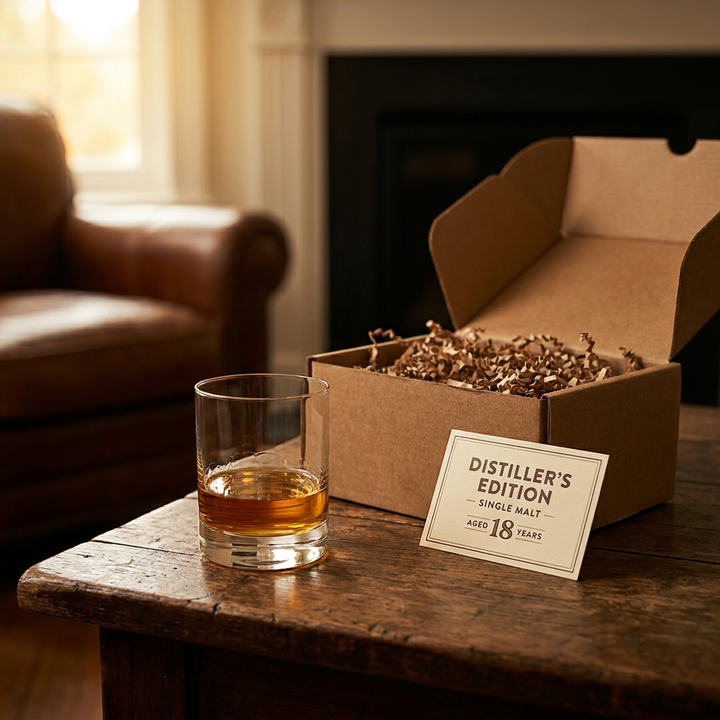 Glass of Scotch with mystery box and tasting card