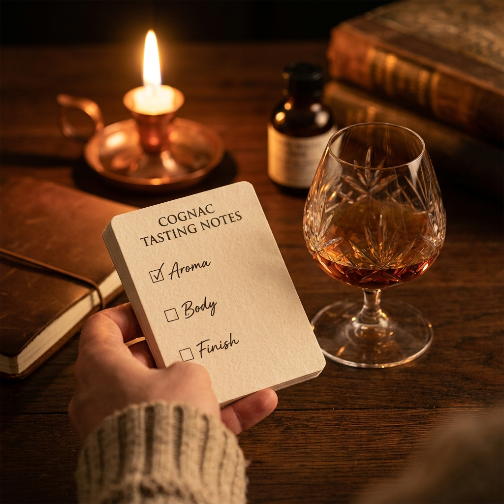 Cognac tasting card by candlelight