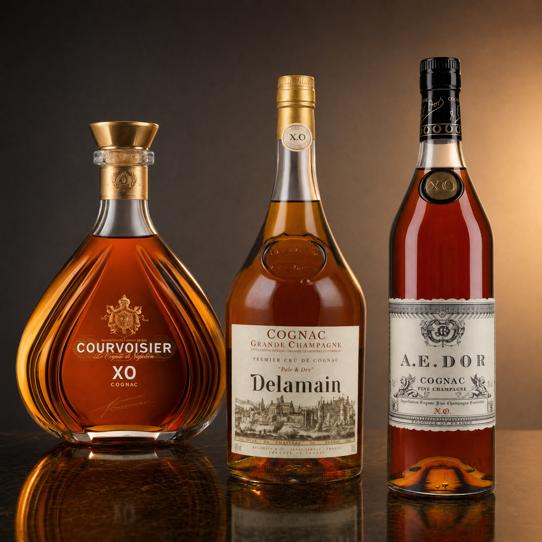 XO Connoisseur Cognac Bundle featuring Courvoisier XO, Delamain Pale & Dry XO and A.E. Dor XO bottles