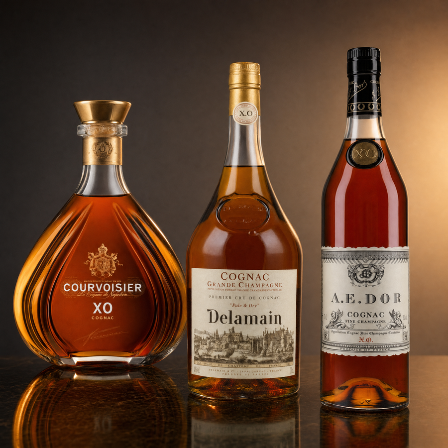 XO Connoisseur Cognac Bundle featuring Courvoisier XO, Delamain Pale & Dry XO and A.E. Dor XO bottles