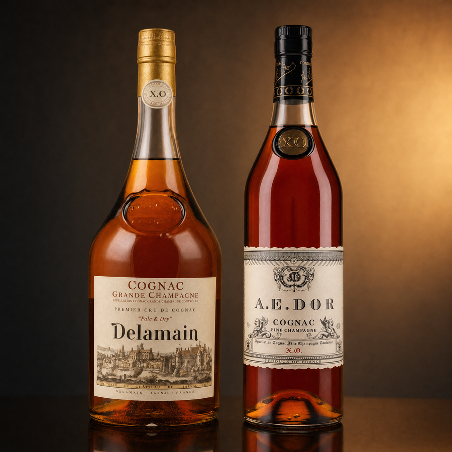 Grande Champagne XO Cognac Flight featuring Delamain Pale & Dry XO and A.E. Dor XO bottles