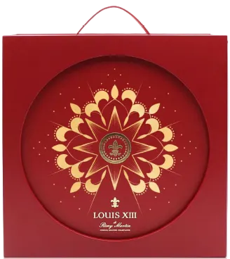 Louis XIII Diwali Coffret gift box in red with gold ornamental detailing and a circular cutout window, shown on a white background with Louis XIII branding above and 'DIWALI COFFRET' below.